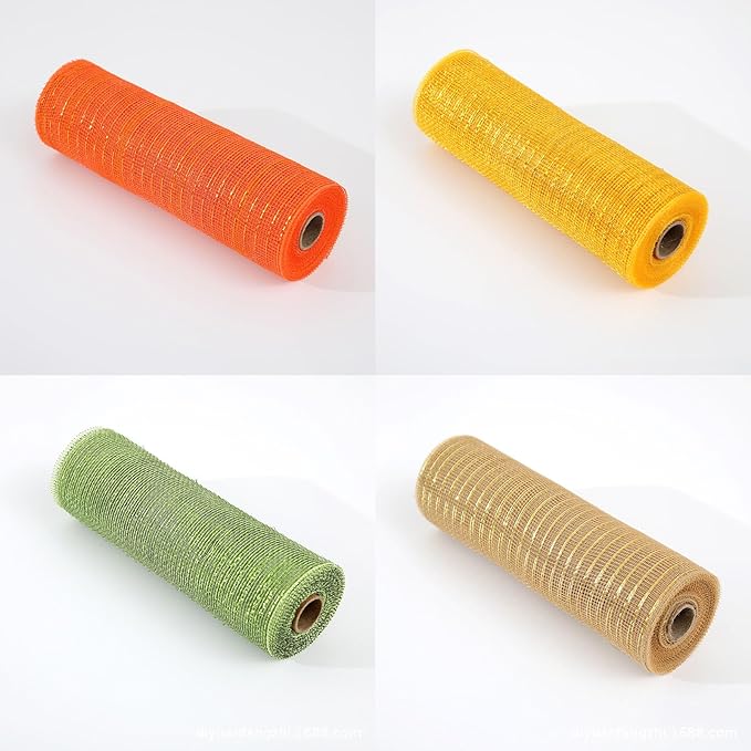 3 Rolls Orange Moss Green Burlap Deco Mesh Ribbon for Wreath Making Supplies, 10 Inch x 30FT Metallic Foil Deco Mesh Fabric for Fall Thanksgiving Halloween Door Wreath Swags and Decorating