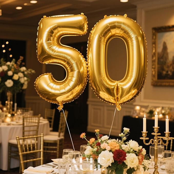 AULE 40 Inch Jumbo Gold Foil Mylar Number Balloons for Men Women 50th Birthday Party Decorations 50 Years Old Anniversary Party Supplies