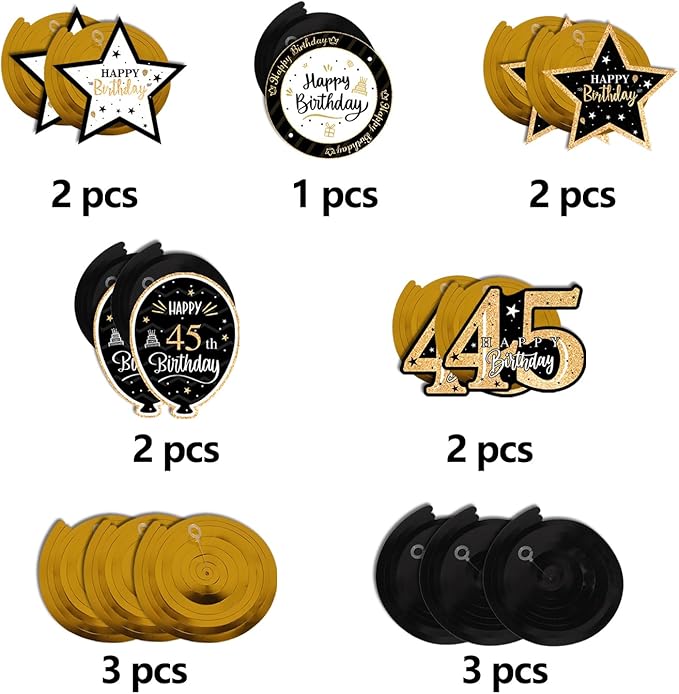 Happy 45th Birthday Black & Gold Glitter Swirls Streamers Party Decorations - 15 Pcs 45th Birthday Hanging Swirls Streamers Kit,Perfect for 45th Bday Party Sign.