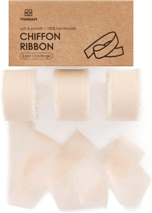 Vitalizart Light Nude Chiffon Silk Ribbon 1" x 21 Yd Fringe Fabric Package (3 Rolls * 7 Yd) for Wedding Invitations Bridal Bouquets Decorations Gifts Wrapping & Bow Making