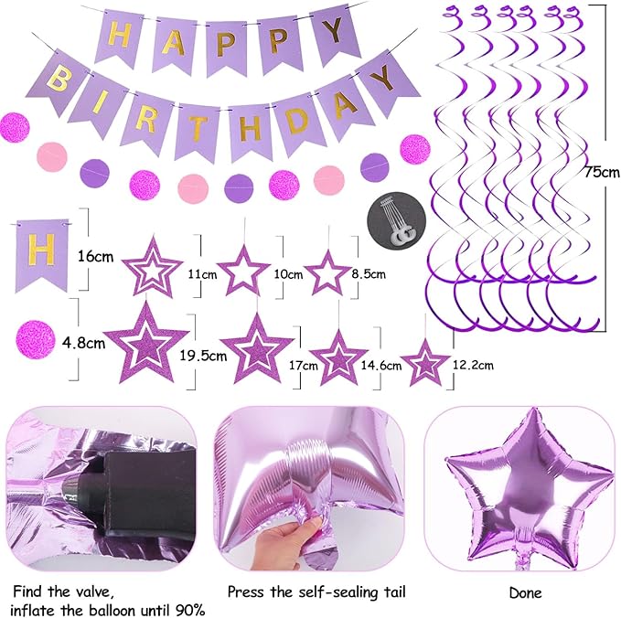 Purple Birthday Decorations, Happy Birthday Banner and Purple Star Balloons, Glitter Hanging Stars with Hanging Swirls, Circle Dot Paper Garland, for Women Girls Party Decoration