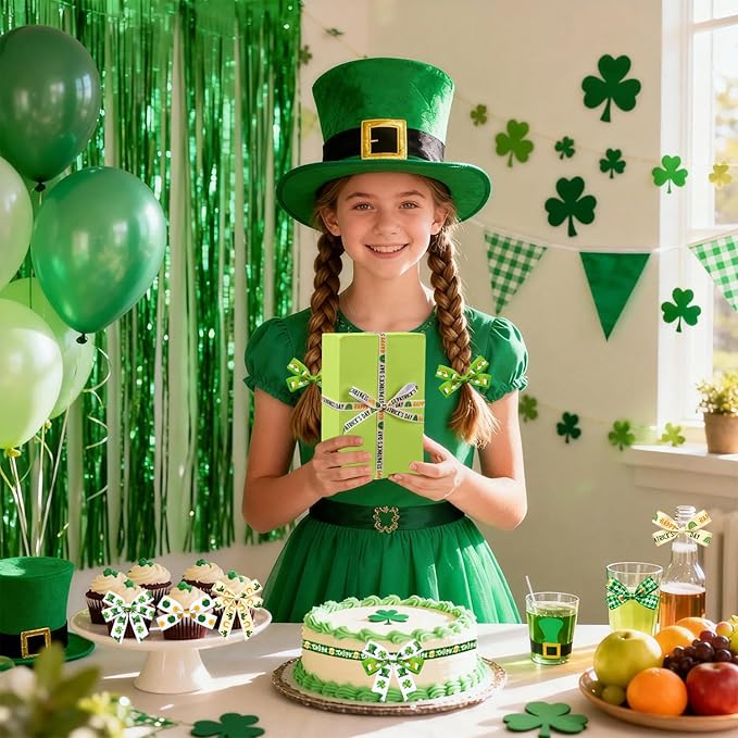 6 Roll Saint Patrick's Decor Ribbons, 3/8 Inch x 30 Yard Green Hat Clover Grosgrain Ribbon, Coin St. Patrick's Day Craft Ribbon for Gifts Wrapping Wreath DIY Bows Making Party Decoration