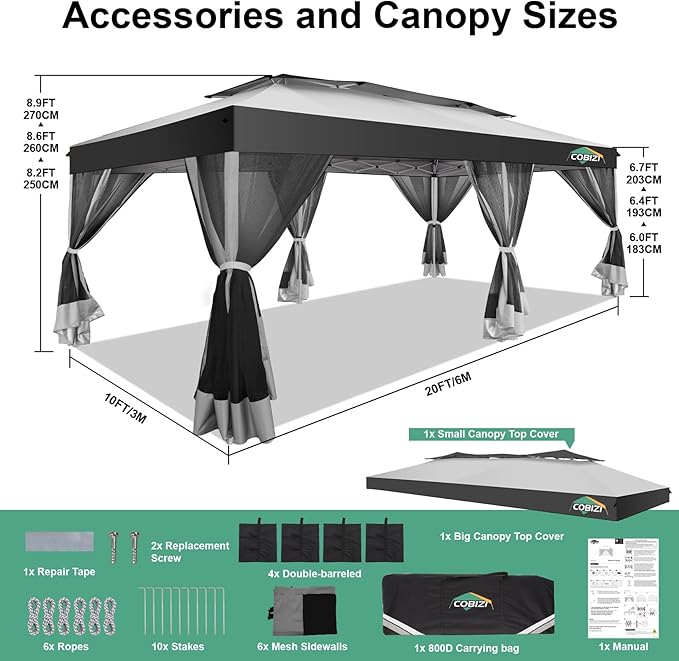 COBIZI 10x20 Pop up Gazebo, One-Push Setup Canopy Tent with Mosquito Netting & Vented Roof Design, Upgrade Metal Easy up Canopy Carpa Outdoor Gazebos for Backyard Camping Deck Party(White & Gray)