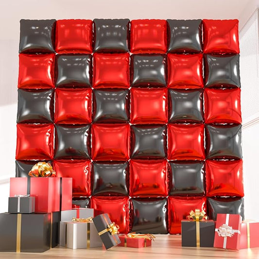 36pcs Red & Black Square Foil Balloons - Double-Sided Mylar Balloon Backdrop Kit for Birthdays, Graduation 2026, New Year, Photo Booth Decor (9.5ft x 9.5ft Checkered Wall/Tunnel)