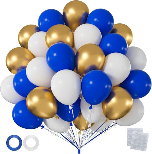 60pcs Royal Blue and Gold Balloons, 12 Inch Dark Blue White & Metallic Gold Balloons for Graduation Class of 2026, Prince Baby Shower, Men Boy Birthday Decor (With Ribbon & Glues)