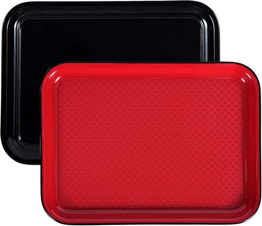 Restaurant Serving Trays 2 Pack, Heavy Duty Non-Slip Melamine Food Service Trays, Stain Resistant Red and Black Platters for Cafe, Catering, Commercial Use, BBQ Platters for Raw and Cooked Food