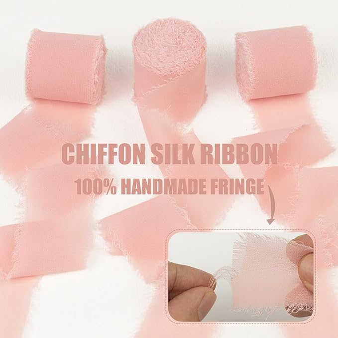 Blush Rose Chiffon Ribbon - 1.5 Inch x 21 Yards, Frayed Silk Boho Ribbon for Gift Wrapping, Wedding Invitations, Bridal Bouquets