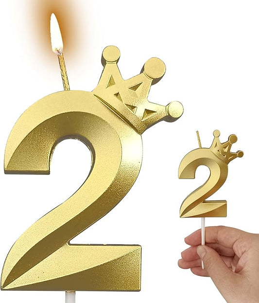 The Gold Number 2 Birthday Candles for Cake is Beautiful Number Candles for Birthday Decorations for Boys and Girls (Gold-2, Crown)