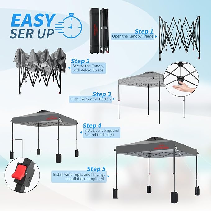 10x10 Pop Up Canopy, Easy Up Canopy Tent, Heavy Duty Tents for Parties, One Person Set Up Event Tent, Light Gray