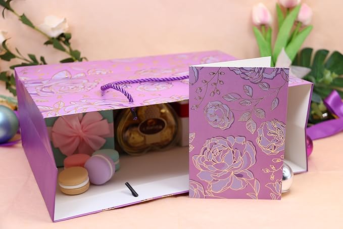 Oletx 13" Gold Pink Flower Gift Party Bags Happy Birthday Gift Bag with Tissue Paper Greeting Card for Women's Birthday Party,Wedding,Anniversaries,Mother's Day