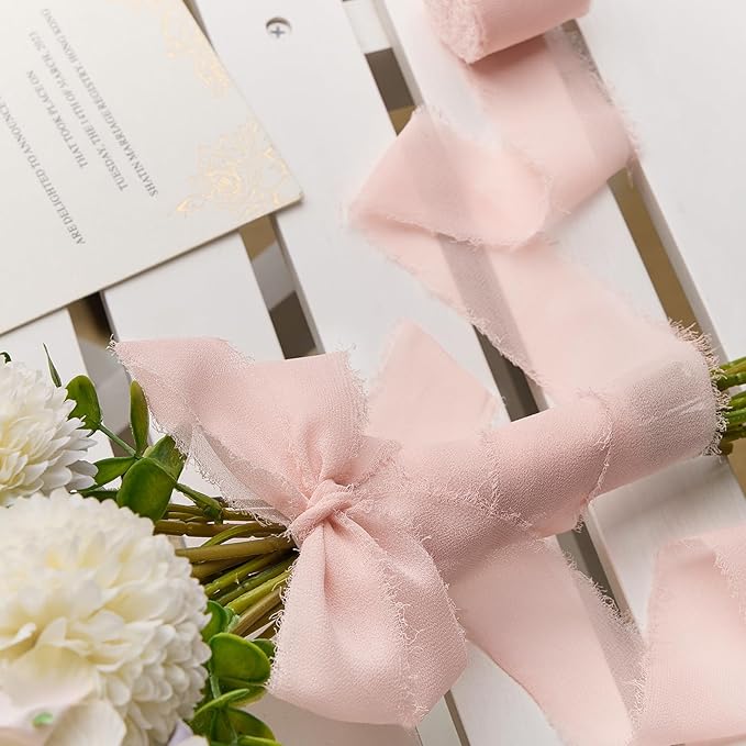 Blush Pink Chiffon Ribbon 1.5" x 21 Yd Handmade Fringe Silk Chiffon Fabric Ribbon for Gift Wrapping Wedding Invitation Bridal Flower Bouquet DIY Crafts Home Decor