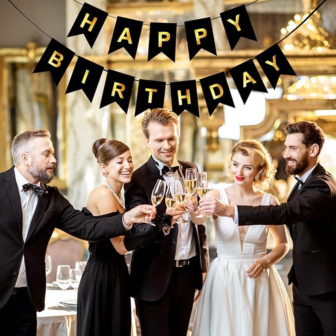 Happy Birthday Banner,Pre-Strung Black and Gold Party Decorations，16ft Pre-Strung Hanging Sign for Kids, Girls, Boys, Women – No DIY, Backdrop Supplies