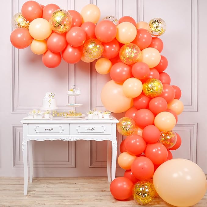 PartyWoo Red Gold and Nude Balloons 66pcs 12 10 Inch Pearl Coral Red Nude Apricot Gold Confetti Balloons for Graduation Baby Shower Birthday New Year's Eve Anniversary Bachelorette Party Decorations