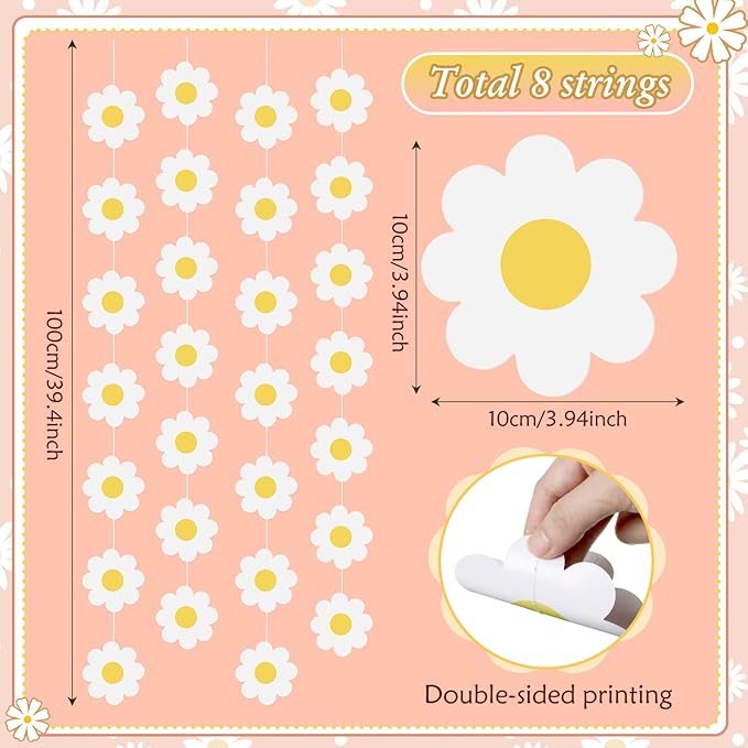 Pasimy 8 Pcs Daisy Boho Party Decorations Groovy Daisy Paper Garlands White Flower Hanging Garland Banner Hippie Flower Cutouts for Birthday Shower Wedding Party Favor Supplies(Fresh,White)