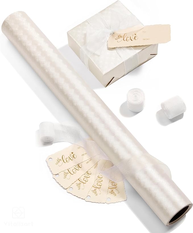 Vitalizart White Metallic Grid Wrapping Paper Set 17" With Organza Ribbon & Gift Tags Christmas Gift Wrapping Birthday Baby Shower Wedding Bouquets Handmade Crafts 197"(16.4 Ft) White Ribbon