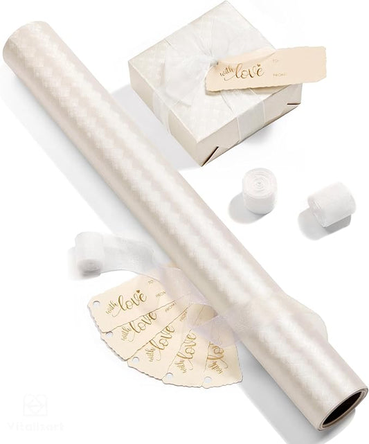 Vitalizart White Metallic Grid Wrapping Paper Set 17" With Organza Ribbon & Gift Tags Christmas Gift Wrapping Birthday Baby Shower Wedding Bouquets Handmade Crafts 197"(16.4 Ft) White Ribbon