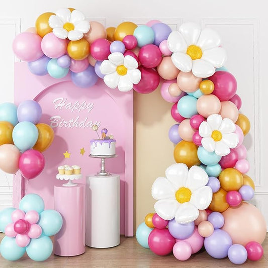 Pastel Balloon Arch Kit, Daisy Balloon Arch Garland with Macaron Pink Blue Purple Yellow Orange Rainbow Latex Balloons Daisy Flower Foil Balloons for Girls Women Birthday Pastel Party Decorations