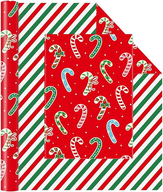 WERNNSAI Candy Cane Christmas Wrapping Paper - 1 Roll 17”x 33 ft Funny Christmas Wrapping Paper Roll Reversible Candy Cane and Stripe Gift Wrap for Xmas Holiday Winter Party Celebration