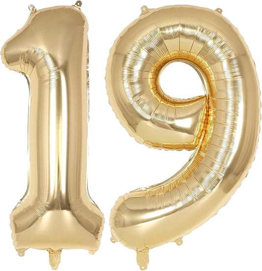 Champagne Gold Large Number 19 Balloon, 40 Inch Light Gold Foil Helium Number Balloons, Giant Mylar Number 19 Balloons for 19 Years Old Birthday Party Anniversary Decorations (Champagne Gold 19)