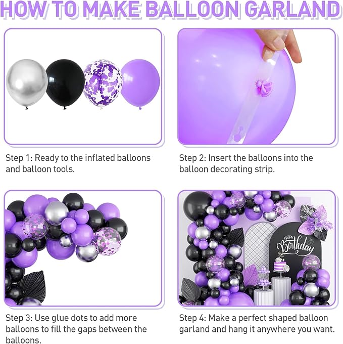 Black Purple Balloons Arch Kit,BTZO Metallic Silver Purple Confetti Balloon for Birthday Wedding Bridal Shower Graduations Party Decorations