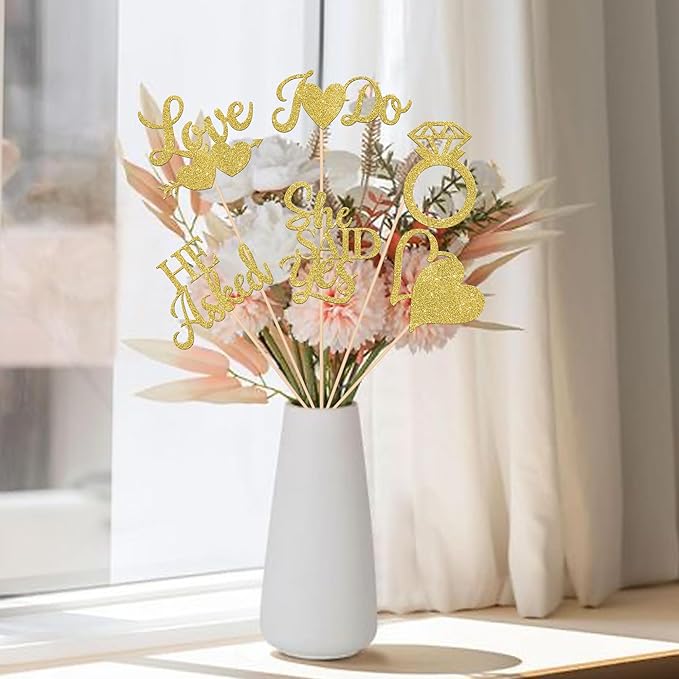 12 Pack He Asked She Said Yes Centerpiece Sticks Love Heart I do Ring Table Centerpiece Sticks for Wedding Engagement Bridal Theme Party Supplies Gold (gold)