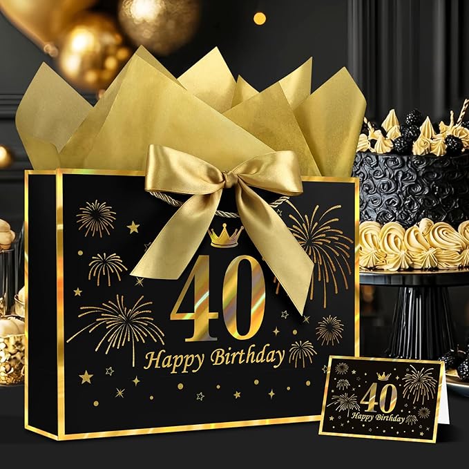 JMANNI Black Gold 40th Birthday Gift Bag with Card and Tissue Paper, 12.6"×9.84"×3.9" Elegant Present Bag for Adults, 40 Year Old Birthday Keepsake Party Supplies