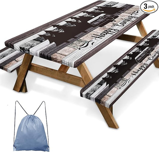 Picnic Table Cover with Bench Covers Elastic Edges, Grey Camper Fitted Table Cover, Outdoor Patio Camping Essentials 72 Inch 3PCS, Waterproof Camping Fitted Tablecloth with Drawstring Bag