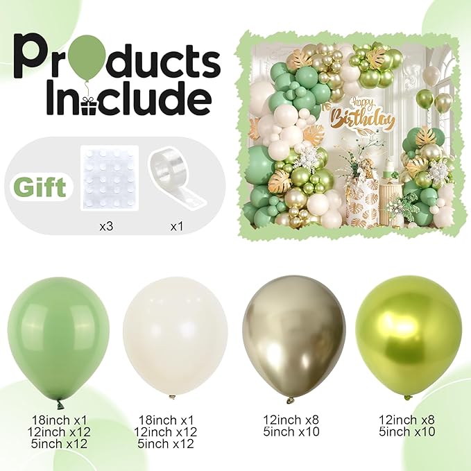 Sage Green and Gold Balloon Arch Garland Kit, Olive Metallic Chrome Green Gold Latex Balloons, Beige Cream Balloons for Wedding Bridal Baby Shower Gender Reveal Birthday Jungle Party Decorations