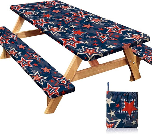 Picnic Table Cover with Bench Covers Windproof Waterproof Picnic Table Covers Camping Tablecloth with Self-Storage Bag, 72in, Starry Navy