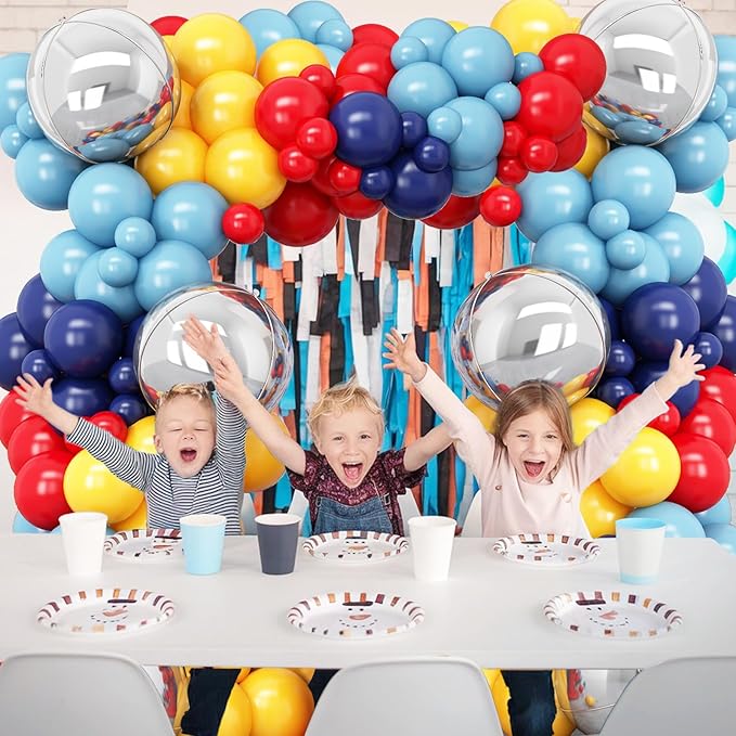 Jobkoo Red Blue Yellow Balloon Arch Kit with 4D Silver Ball Foil Balloons, Dusty Navy Blue Red Yellow Latex Balloons Garland for Carnival Circus Birthday Baby Shower Party Decorations