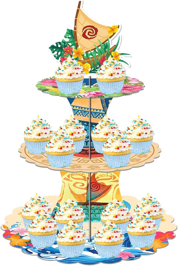 OU RUI Large 3-Tier Tropical Hawaiian Cupcake Stand 12Inch Cardboard Cupcake Tray Dessert Tower Holder for Wedding Birthday Baby Shower Tropical Luau Theme Party Supplies