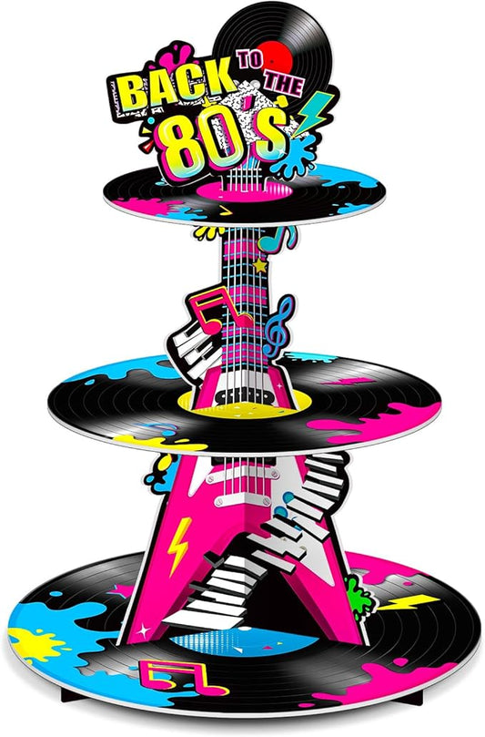 Ben Louis 3 Tier 80s Cupcake Stand Party Decorations Back to The 80's Theme Holder Retro 1980s Hip Hop Dessert Tower Birthday Cake for Neon Rock Hippie Supplies
