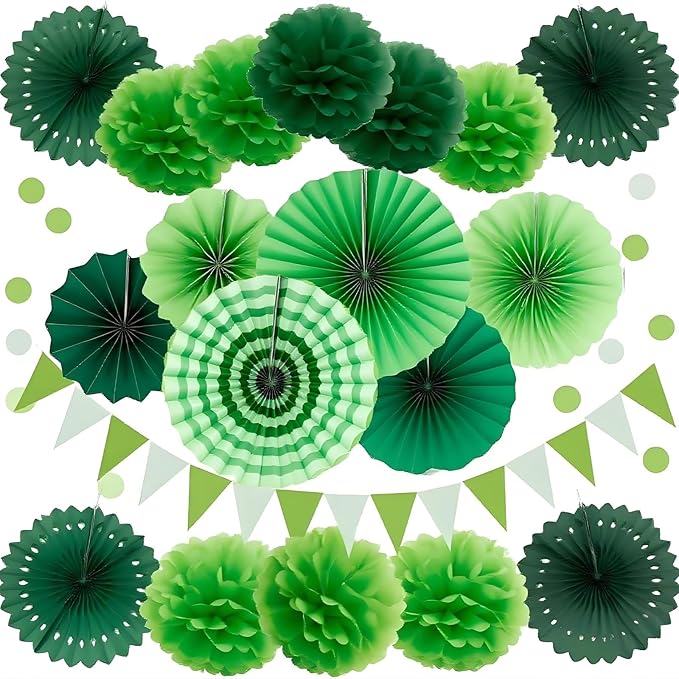 XIKSXITN 12 pc Green Tissue Paper Pom poms in 3 Colors-Hanging Paper Pom Poms Paper Flowers Ball for Party Decorative(8&10&12 inch)