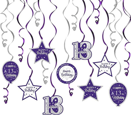 Happy 13th Birthday Purple & Silver Glitter Swirls Streamers Party Decorations - 15 Pcs 13th Birthday Hanging Swirls Streamers Kit,Cheers to Thirteen Years Old Bday Party Sign.