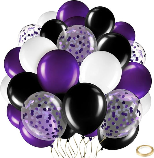 Sratte 60 Pcs 12 Inch Black Purple White Balloons Kit Valentine's Day Decorations Confetti Latex Metallic Balloons with 2 Rolls Ribbon Party Favor for Memorial Day, Birthdays