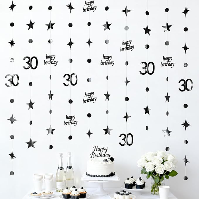 GCQQ Black 30th Birthday Decorations - 46FT Happy 30 Circle Dot Birthday Star Garlands 4Packs Dirty 30 Year Old Paper Hanging Streamer Banner Backdrop for Men Women Anniversary Party Decor