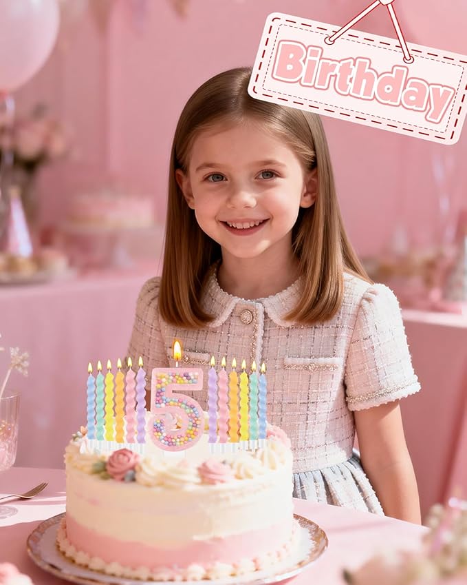 Birthday Candles for Cake, Macaron Number Candles, Cake Candles with Greeting Card for Birthday Party Wedding Anniversary Celebrations (5 Candle)