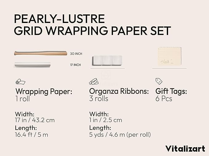 Vitalizart White Metallic Grid Wrapping Paper Set 17" With Organza Ribbon & Gift Tags Christmas Gift Wrapping Birthday Baby Shower Wedding Bouquets Handmade Crafts 197"(16.4 Ft) White Ribbon