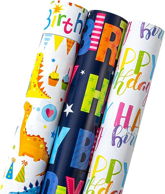 MAYPLUSS Dinosaur Birthday Wrapping Paper, Kid Gift Wrapping Paper, Happy Birthday Dinosaur Pattern Gift Wrap for Boys, Girls, Baby Shower(Mini Roll, 17 Inch x 120 Inch Per Roll)