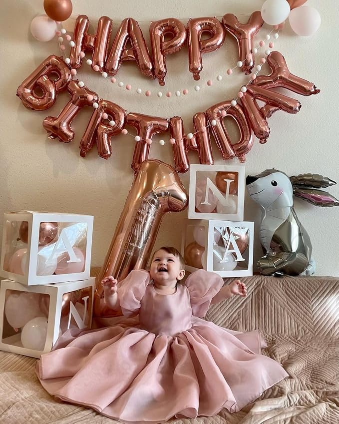 Rose Gold Happy Birthday Balloon Banner, 16 Inch Foil Mylar Happy Birthday Balloons Letters, Reusable Happy Birthday Sign, Rose Gold Birthday Decorations for Women and Girls