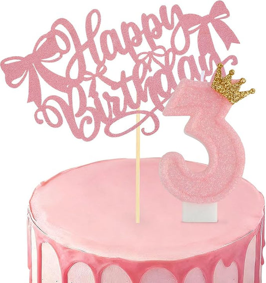 Birthday Candles for Cake, Pink Number Candles, Cake Candles with Cake Topper for Birthday Party Wedding Anniversary Celebrations (3 Candle)