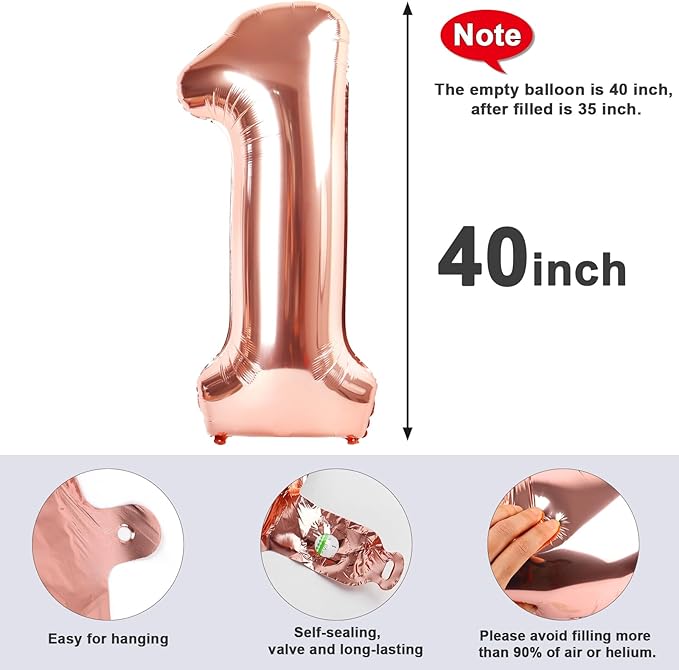 Number Balloons 1, 40 Inch One Balloons for 1st Birthday Girl Boy 1 11 21 Party Decorations Baby Shower Photo Shoot, Rose Gold 1 Balloon