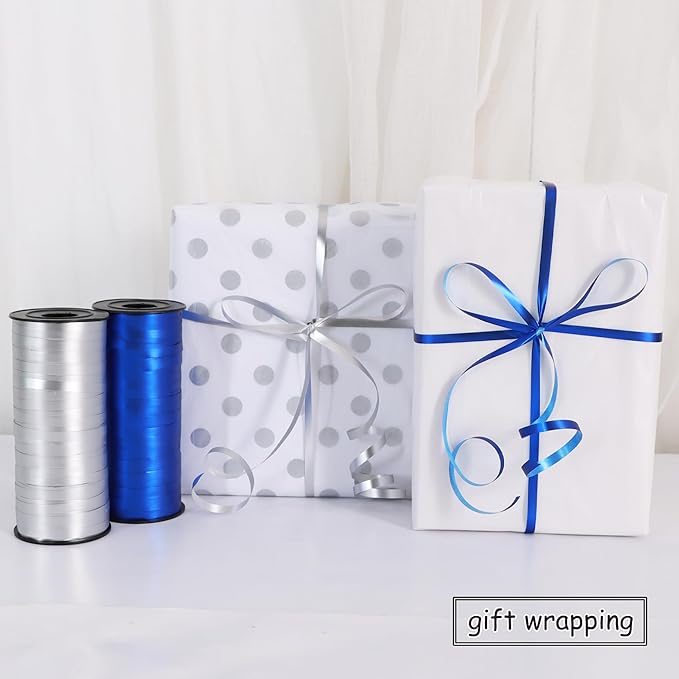 BEISHIDA Blue and Silver Curling Ribbons Balloon String Ribbons - 2 Pack 100 Yards for Gift Warppping Birthday Bachelor Winter Holiday Party Decorations
