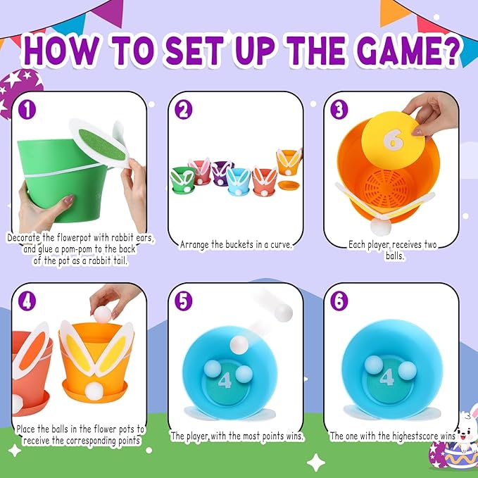 Easter Toss Ball Game with 6 Plastic Flower Pots 12 Bunny Ear Hat Decor 12 Balls Toss Play Set for Easter Party Games Spring Festival Game Family Indoor Outdoor Games Carnival Prizes