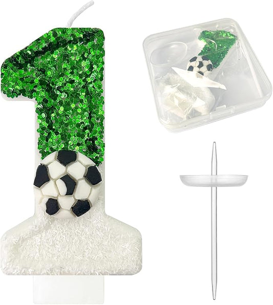 Soccer Birthday Candles, Soccer Cake Topper for Girl and Boy, Wedding Cakes, Anniversaries, Party Celebrations, Birthday Decorations (Green White, Number 1)