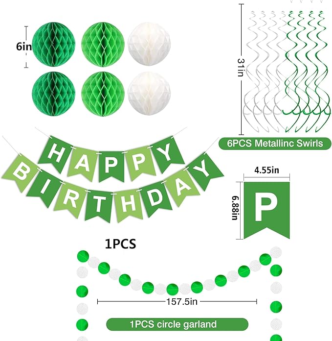 Green Birthday Decorations, Happy Birthday Banner with Honeycomb Balls, Circle Dot Garland and Hanging Swirl Decorations for Women Men Boys Girls (Green White)