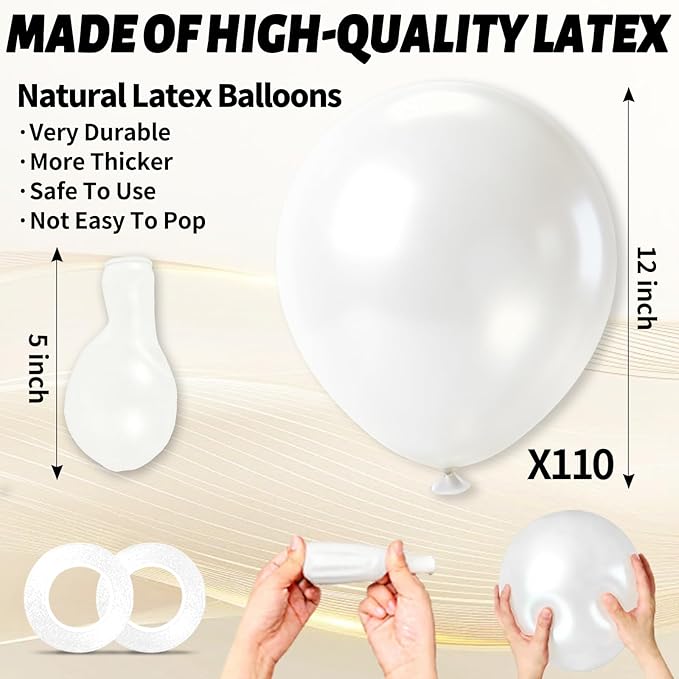 110pcs Pearl White Balloon 12 inch, Pearl white Latex Balloons for Birthday Party Baby Shower Wedding(with 2 Ribbons).