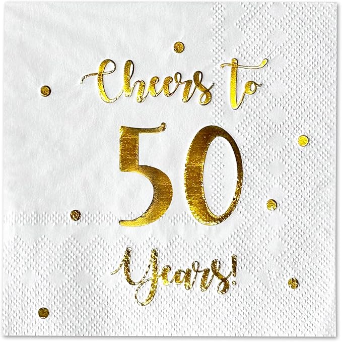 Cheers to 50 Years Cocktail Napkins | Happy 50th Birthday Decorations for Men and Women and Wedding Anniversary Party Decorations | 50-Pack 3-Ply Napkins | 5 x 5 inch folded (White)