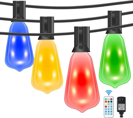 35FT Dimmable RGB Color-Changing Outdoor String Lights, 15 Shatterproof Bulbs& Waterproof Patio Lights with Remote Control, for Yard, Gazebo, Party, Wedding Decoration