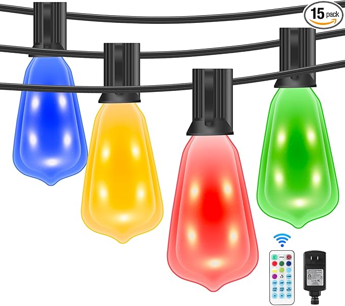 Auroraworld 35FT Outdoor String Lights: Dimmable, RGB Color-Changing Patio Lights with Remote, 15 Shatterproof Bulbs Perfect for Weddings, Backyards